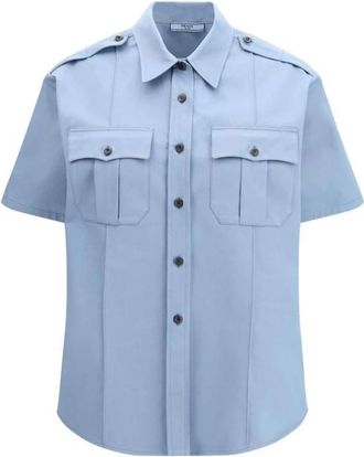 Prada Cotton Shortsleeve Shirt - Dames - Overhemden - Blauw - S - Katoen - Overhemden