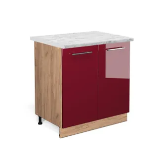 Vicco Armario Bajo Para Fregadero Fame-line, Rojo Burdeos Alto Brillo, 80 Cm Con Estante, Et M&aacute;rmol Vicco