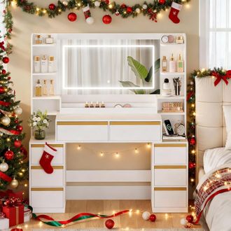 OEM 135cm Toeletta Trucco Con Specchio, Toeletta Con Led E Prese, Grande Tavolo Da Trucco Con Supporto Per Asciugacapelli, 8 Cassetti E Ripiani Aperti, Mo