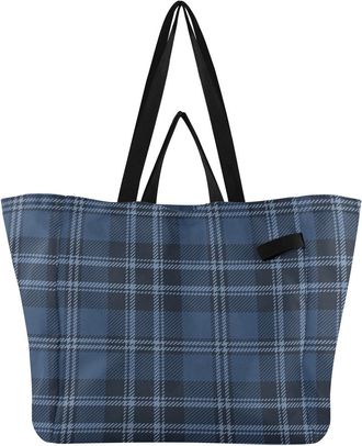 Generic Gray Blue Plaid print Reusable Canvas Tote Bag, Heavy Duty Grocery Shopping Bag with Large Capacity Hard Bottom Double Handles Work Groceries Travel