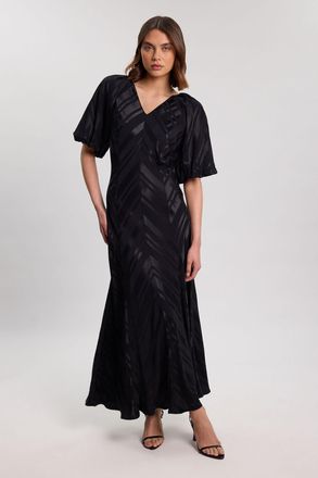 Karen Millen Womens Stripe Fabric Detail Fluid Short Sleeve Midi Dress - Black Viscose - Size 16 UK