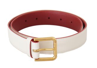 Dolce & Gabbana Womens White Calf Leather Two-Toned Gold Metal Buckle Belt - One Size