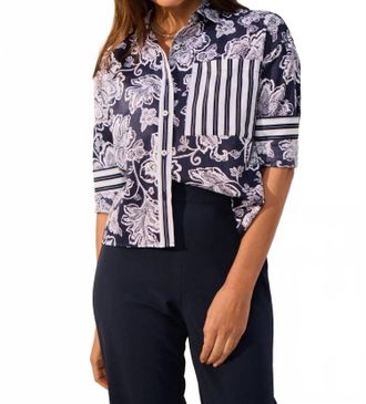 Foxcroft Marina Woodblock Floral Long Sleeve Shirt Top In Navy/white