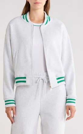 90 Degree by Reflex Silicone Varsity Stripe Fleece Zip Jacket in Heather Light Grey/Green at Nordstrom Rack, Size X-Large