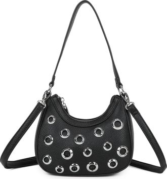 Generic Womens Faux Leather Shoulder Bag with Silver Eyelets, Grey Hobo Style Handbag with Crossbody Strap (Black)