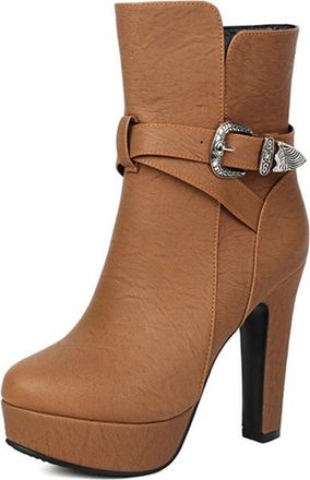 Generic Womens Fashion Buckle Strap Ankle Boots Platform Round Toe Chunky Heels Side Zipper Winter Casual Versatile Shoes (7.5,Brown)