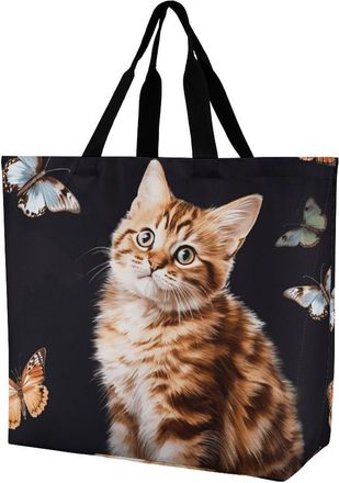 Generic Cat Butterfly Carry Bag Lightweight Shopper Bag Eco Friendly Handbags For Daily Use Work Ladies
