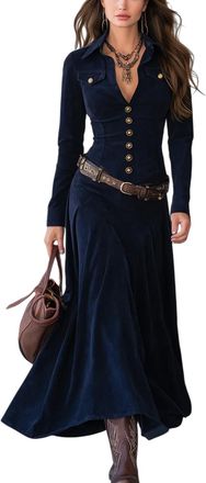 Generic Corduroy Dress for Women Vintage Flap Pocket Faux Suede Maxi Dress Elegant Winter Shirt Dresses Casual Christmas Party Wear (Blue,XL)