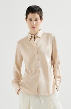 Brunello Cucinelli Stretch silk satin shirt with monili in Sand at Nordstrom, Size Xx-Large