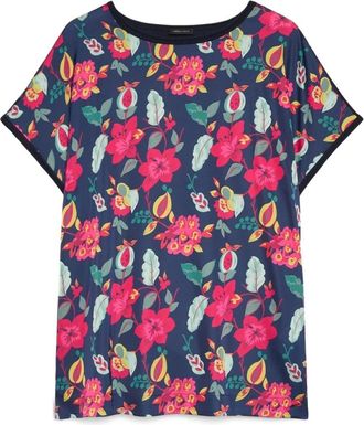 Fiorella Rubino Tweekleurige gebreide top met bloemenprint - Dames - Blouses - Blauw - XL - Polyester - Overhemden