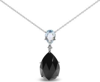 House of Brilliance 18K White Gold Diamond Accent and Pear Cut Sky Blue Topaz and Pear Cut Black Onyx Dangle Drop 18 Pendant Necklace
