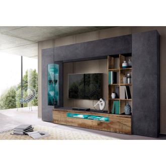 Dmora Dmora - Parete attrezzata da soggiorno, Made in Italy, con luce led blu, Base porta tv e pensili e scaffali, Set salotto moderno, cm 290x40h192