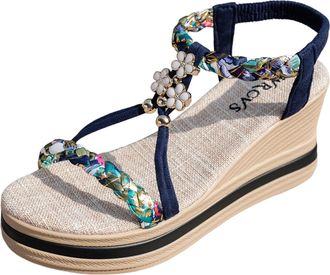 Generic Womens Sandals Bohemia Summer Vintage Beach Wedge With Flower Elasticated Slingback StrapSandal Outdoor Walking Sandals Casual Summer Shoes