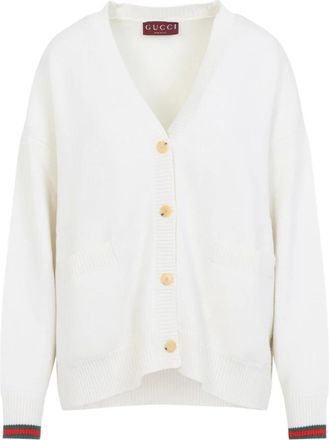 Gucci Truien & Vesten, Dames, Beige, S, Wol, Web Cardigan van wol en kasjmier