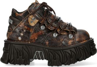 New Rock M-106-C194 Bruine Vlammen Leren Gothic Enkel Plateau Laarzen