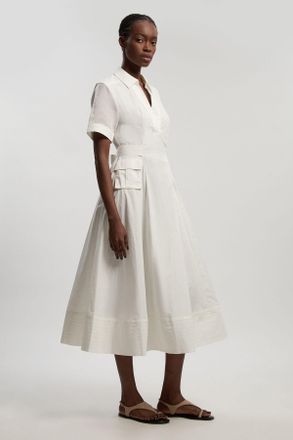 Karen Millen Womens Petite Utility Organdie Cotton Mix Woven Maxi Dress - White - Size 14 UK