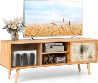 Costway Costway - Soporte De Tv Moderno De Bamb&uacute;, Mueble De Televisi&oacute;n Con Puertas Deslizantes De Mimbre, Centro De Entretenimiento Con Estante Ajustable Para
