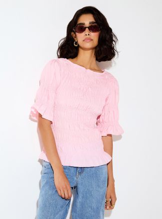 Icone Womens Elbow-length sleeves smocked pink blouse