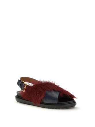 Marni Womens Fur-Lined Fussbett Sandals Blue-Camelia Calf Leather Bos Taurus Blue/camelia