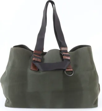 Bottega Veneta Green Leather Canvas Shoulder Bag Tote Bag (Pre-Owned)
