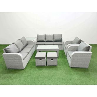 Fimous Pe Rattan High Back Lounge Sofa Set Patio Oblong Coffee Table & Chairs Set with 3 Seater Sofa Reclining Chair Stools Side Table Light Grey - Fimous