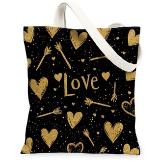 Generic Valentines Day Hearts Canvas Tote Bags, Gold Love Pattern Reusable Shopping Bags, Lightweight Washable Shoulder Strap Canvas for Travel Beach Picnic 1