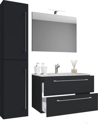 ebuy24 Ebuy24 - Vcm 5pcs Lavabo Lavabo Gabinete Inferior Ancho 60 Cm Muebles De Ba&ntilde;o Conjunto Con Cajones Espejo De Puertas Giratorias Badinos (sonoma Oak)