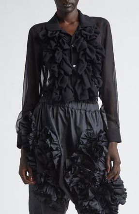 Comme Des Gar&ccedil;ons Ruffle Sheer Crepe Button-Up Shirt in Black at Nordstrom, Size X-Small