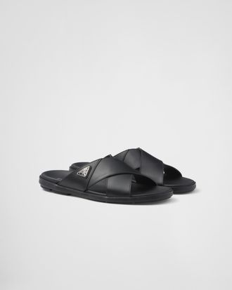 Prada Leather Crisscross Slides, Man, Black, Size 10,5