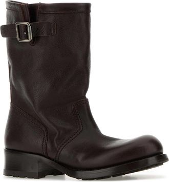 Prada Womens Buckle-Detail Calf Leather Ankle Boot Brown