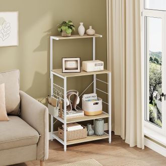 Woltu Woltu Scaffale Per Cucina In Acciaio Legno 4 Ripiani Ganci Carrello Microonde Rovere Chiaro+bianco