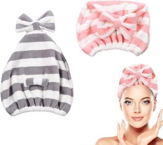 No Brand Toalla Grande De Microfibra Para Secador De Pelo, De Secado R&aacute;pido, Supersuave Y Absorbente, Bonita Toalla Gris-rosa Con Lazo (juego De 2 Piezas) - Go