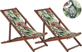 Beliani Set of 2 Folding Deck Chairs ANZIO with Replacement Fabrics Animal Motif Acacia Wood Dark Brown