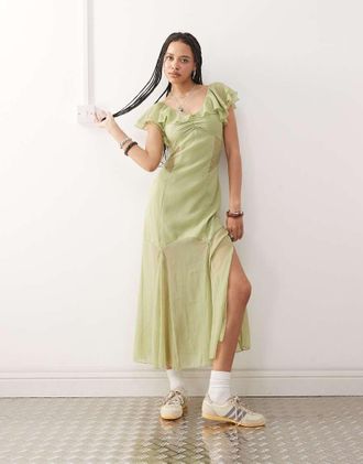 Reclaimed Vintage midi tea dress with lace panels and flutter sleeves in pastel green-Multi