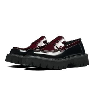 Generic Mens Slip on Platform Loafers Chunky Block Heel Casual Shoes Round Toe Patent Leather Smart Shoes,Burgundy,7.5 UK