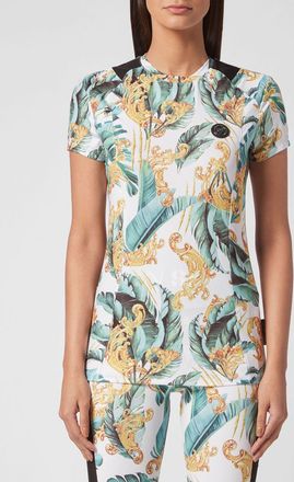 Plein Sport T-shirt in jersey trasparente con stampa barocca all-over