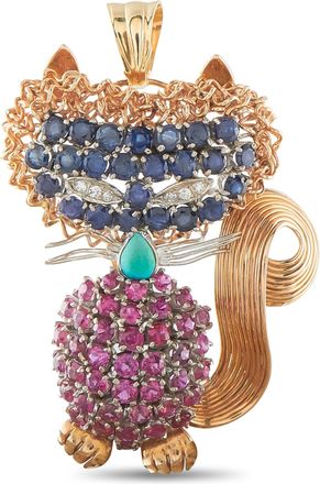 Luxury Bazaar 14K Rose Gold Diamond Sapphire Ruby Cat Brooch Pendant MF11-090226