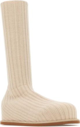 Amina Muaddi Womens Stretch Boot Beige Fabric