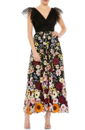 Mac Duggal Embroidered Ruched Flutter Sleeve A Line Dress in Black Multi at Nordstrom, Size 14