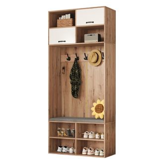 STILVORA Mueble De Entrada Con 2 Puertas, 4 Huecos, Banco, 5 Ganchos Y Led Para Recibidor, En Tablero De Part&iacute;culas, Blanco Y Natural