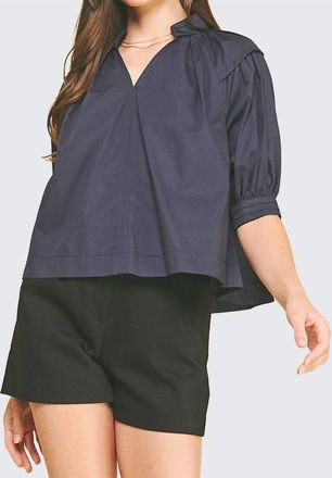 Pinch Design Balloon Sleeve Blouse Top In Navy