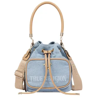 True Religion Bryce Denim & PU Bucket Bag - Womens Designer Drawstring Bucket Handbag with Crossbody Strap (Dark Denim)