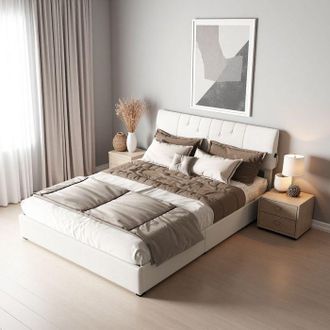 OEM Cama Hidr&aacute;ulica Para Adultos 140x200 Cm Con Almacenamiento, Puertos Usb, Terciopelo Teddy - Cama Cofre Doble Blanco Crema Estilo Minimalista Moderno
