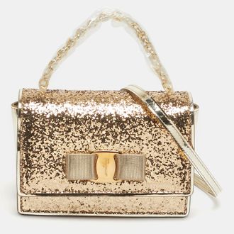 Ferragamo Vara Bow Gold Glitter And Patent Leather Top Handle Bag
