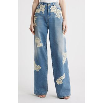 LoveShackFancy Bambie Lace Wide Leg Jeans in Faded Blue at Nordstrom, Size 32