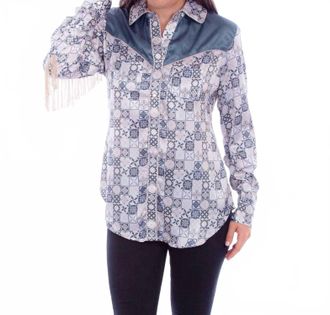 Scully Leather Long Sleeve Fringe Top In Ivory Multi