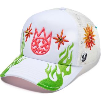 Cult of Individuality Shimuchan Logo Crystal Embellished Trucker Hat in Winter White at Nordstrom
