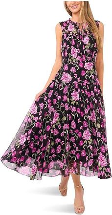 CeCe by Cynthia Steffe Floral Tie Neck Shirred Midi Dress Womens Dress Rich Black : SM, Polyester