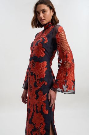 Karen Millen Womens Baroque Organdie Applique And Beaded Bell Sleeve Woven Midi Dress - Navy - Size 10 UK