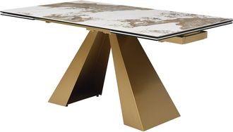 Vente-Unique Mesa extensible de comedor para 6 a 10 personas de vidrio templado, cer&aacute;mica y metal dorado - Efecto m&aacute;rmol blanco y topo - LOZIPA de Maison C&eacute;phy